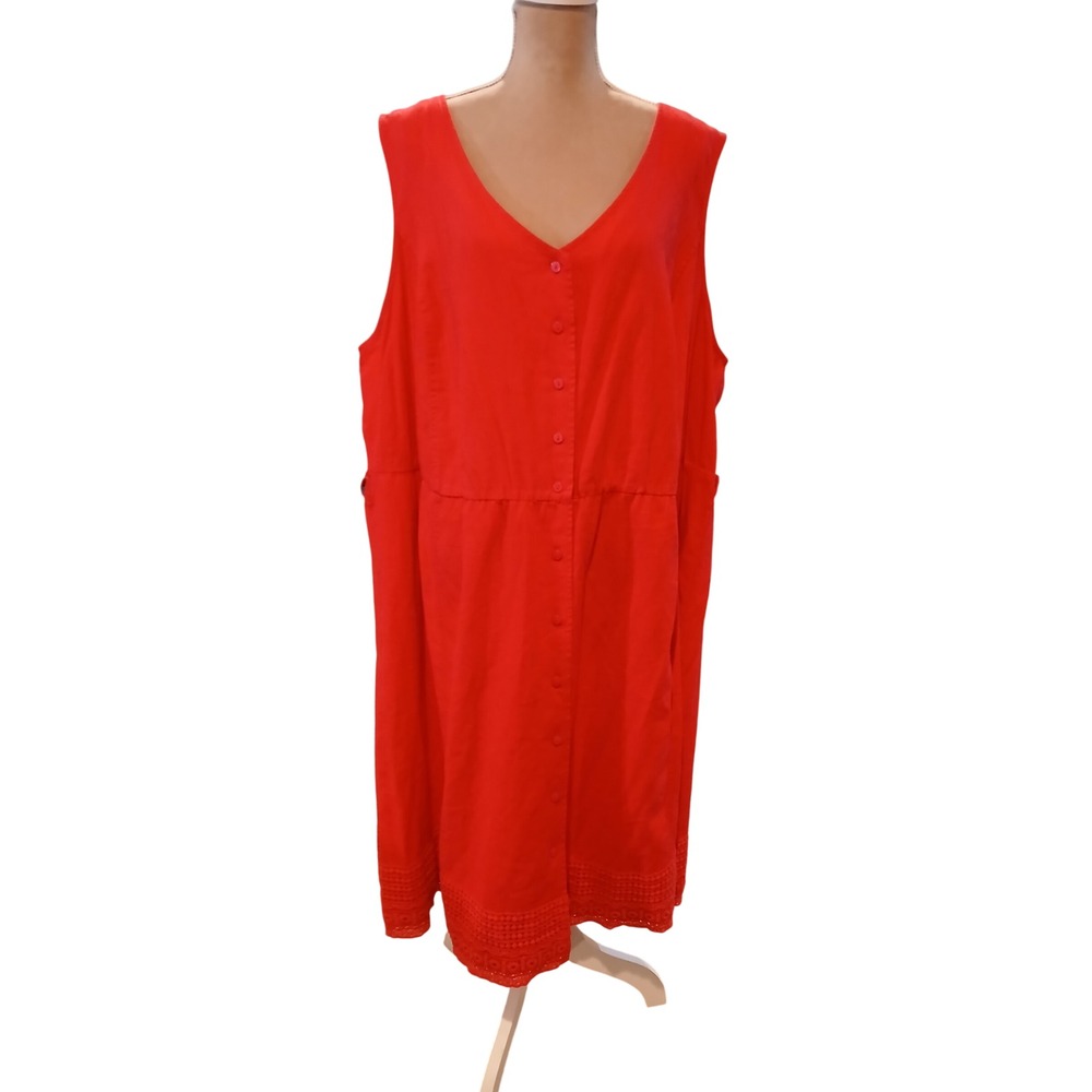Croft & Barrow 24w Red Linen Blend Button Front Eyelet Midi Dress Womens New